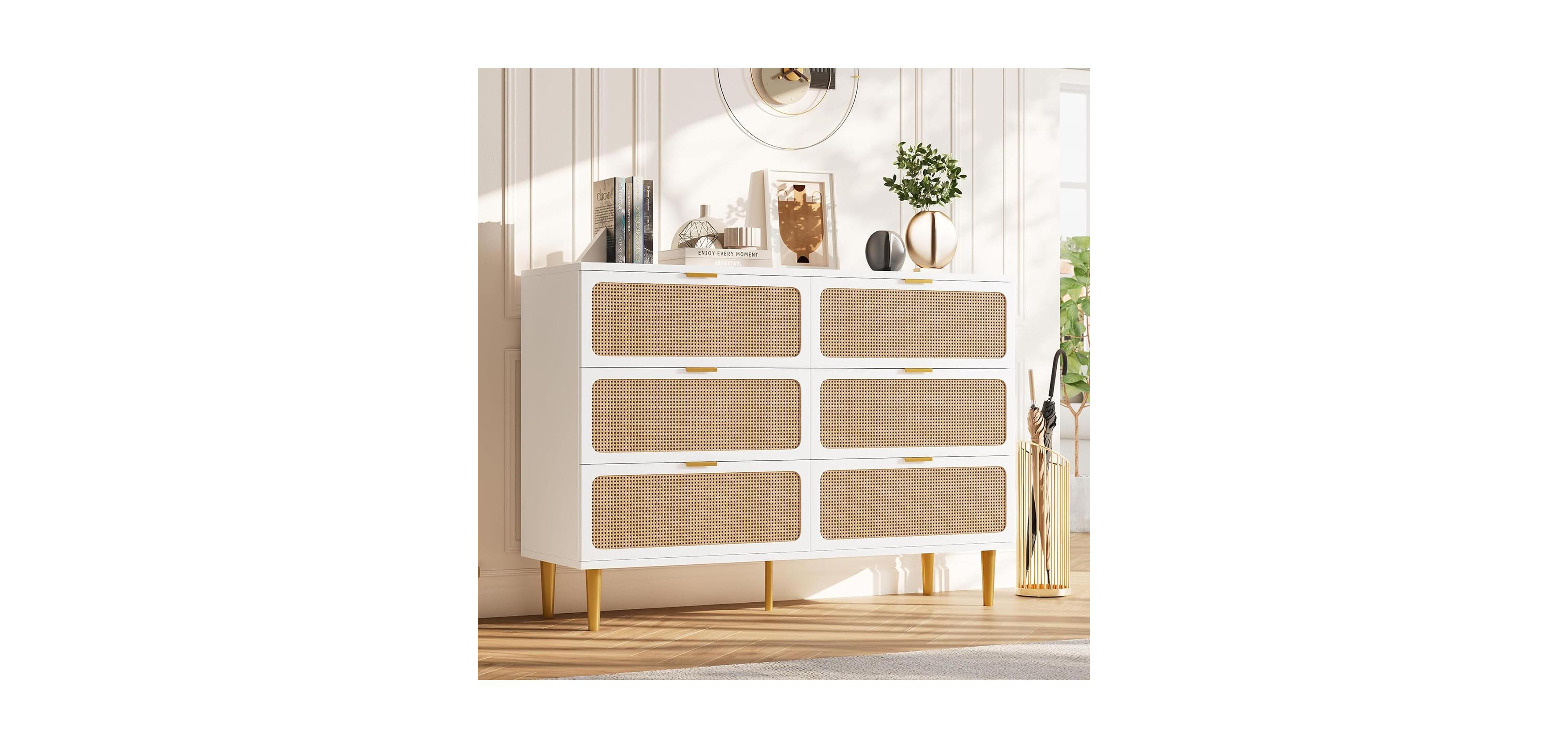 Gaomon Rattan 6 Drawer Dresser, Tall Modern Wooden Chest with Deep Storage & Wide Top for Bedroom or Closet