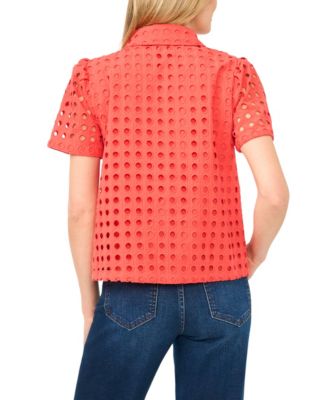 Women's Short Sleeve Eyelet Button-Down Top