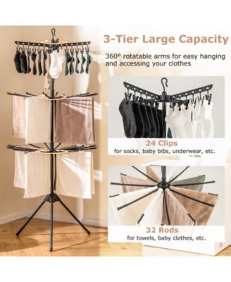 3-Tier Tripod Folding Clothes Drying Rack with 24 Clips, Freestanding Air Dryer