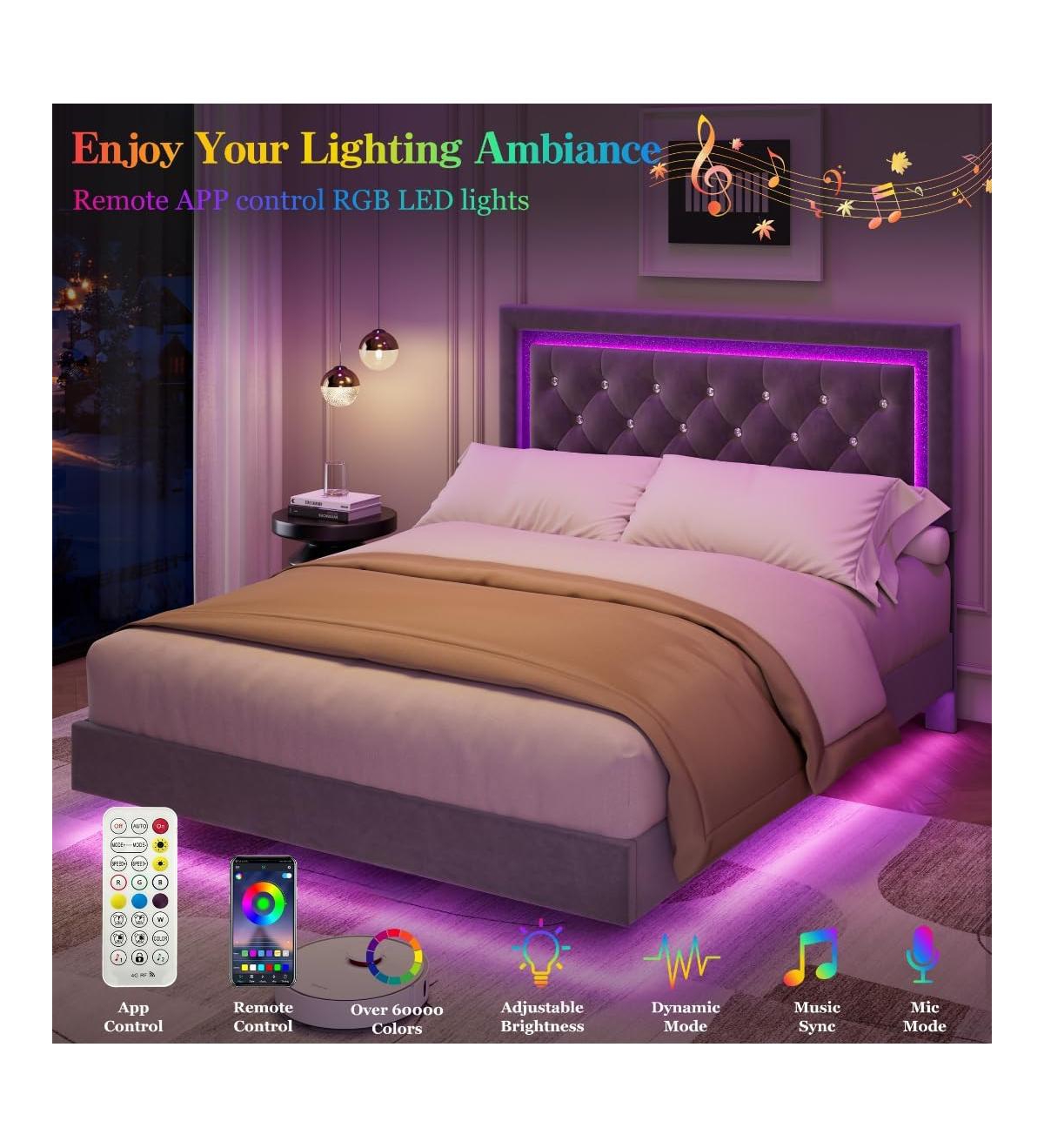 gaomon Floating Platform Bed Frame with Smart Led Lights, Upholstered Diamond Headboard, Wood Slat Support