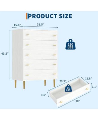 44" Tall Farmhouse 5-Drawer Dresser, Rustic Chest with Bar Handles