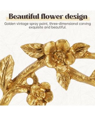 Vintage Gold Metal Hook Rack with 3 Hooks, Birds & Flowers Design