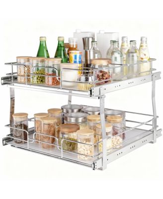 2-Tier Pull Out Cabinet Organizer, Heavy Duty Steel, Smooth Sliding, Easy Install, Kitchen and Bathroom