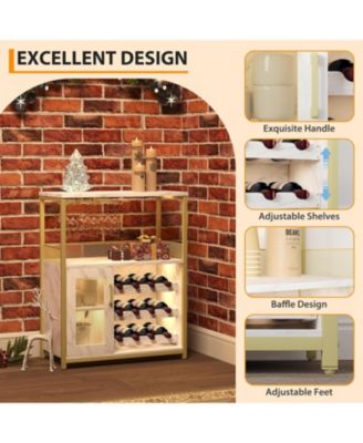 3-Tier Wine Bar Cabinet with LED Lights, Detachable Wine Rack, Glass Holder, and Mesh Door for Kitchen, Living Room, Bar.