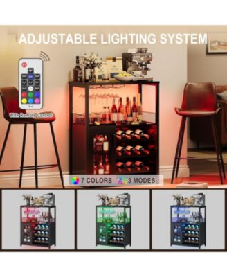 3-Tier Wine Bar Cabinet with LED Lights, Detachable Wine Rack, Glass Holder, and Mesh Door for Kitchen, Living Room, Bar.