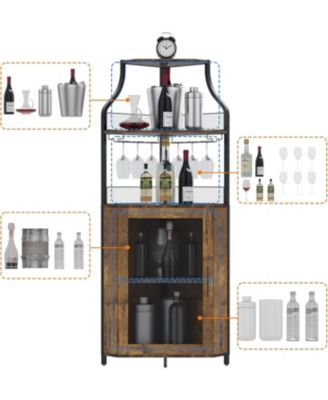 Brown Wooden Farmhouse Wine Bar Corner Cabinet with Detachable Rack, Mesh Door, Glass Rack, and Storage