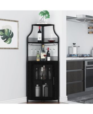 Farmhouse Wine Bar Corner Cabinet with Detachable Rack, Mesh Door, Glass Rack, and Storage for Kitchen and Dining Room