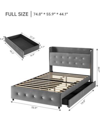 Full Size Bed Frame with Storage Headboard & Charging Station, Upholstered Platform Bed with 4 Drawers and Wooden Slats