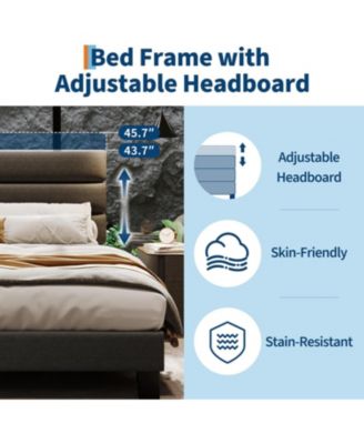 Bed Frame with Adjustable Headboard, Linen Fabric Upholstered and Wooden Slats Support, Platform Bed Heavy Duty Mattress Foundation