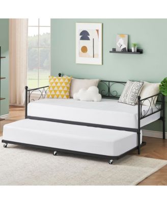 Twin Daybed with Trundle, Metal Sofa Bed Frame, Heavy Duty Metal Slats