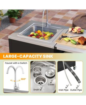 Heavy-Duty Outdoor Grill Table Cart with Sink and Drainage, Metal Prep Station