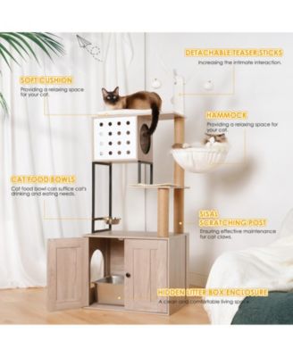 3-in-1 Cat Tree with Litter Box Enclosure, Scratching Posts, Feeding Bowls, and Toy Sticks