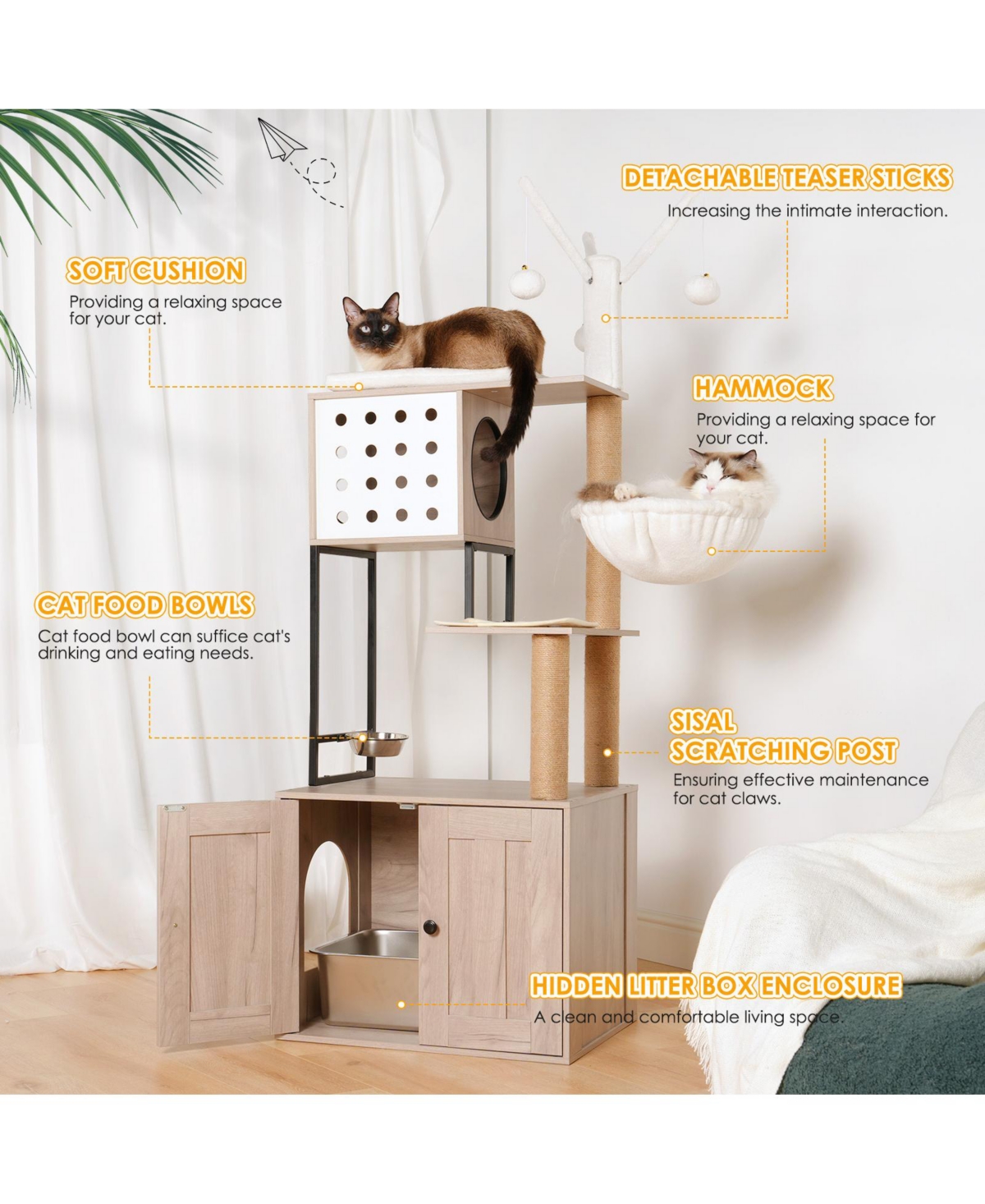Cozito 3-in-1 Cat Tree with Litter Box Enclosure, Scratching Posts, Feeding Bowls, and Toy Sticks