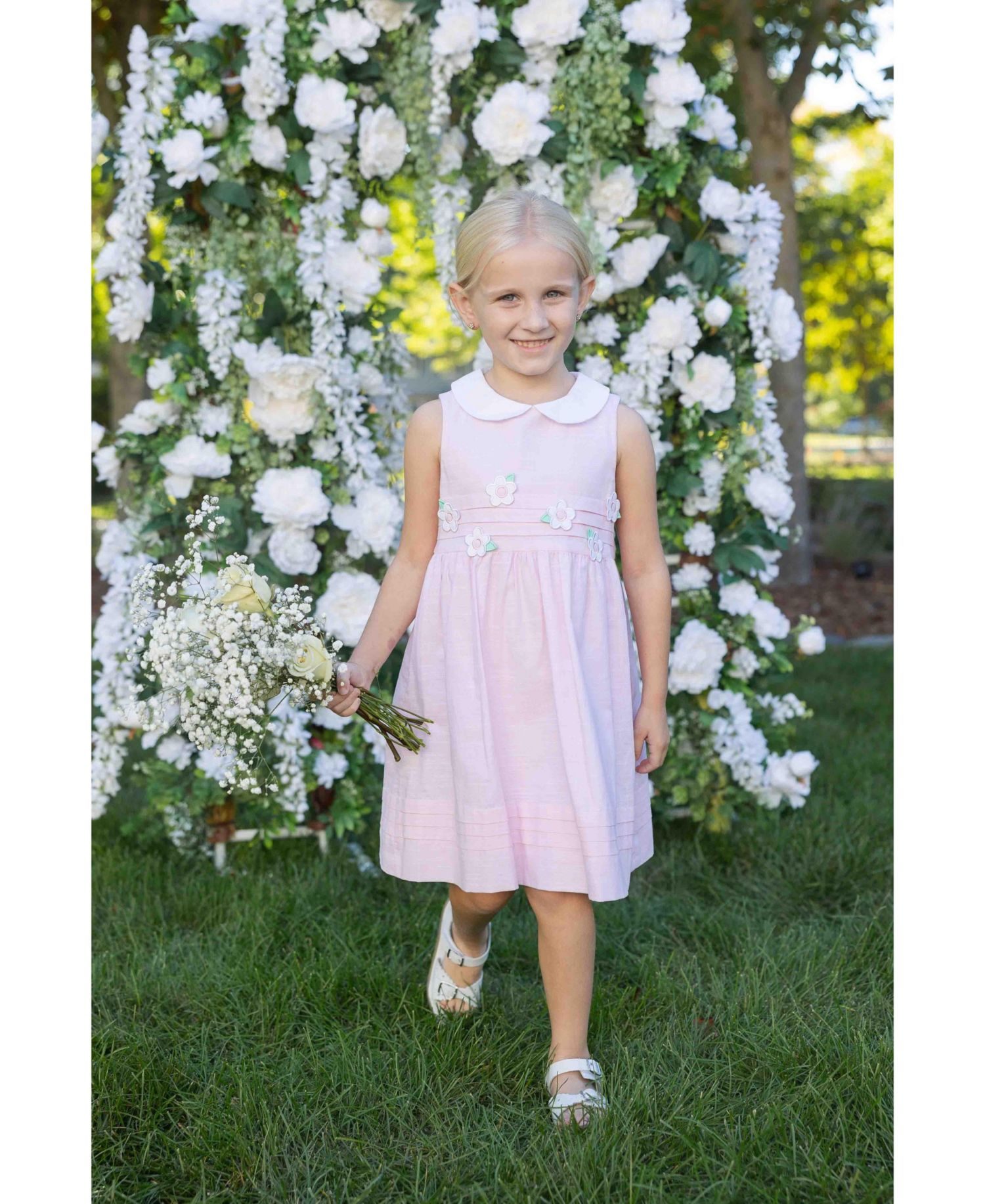 Little Girls Linen Look Dress With Flowers