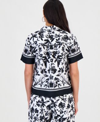 Petite Linen-Blend Printed Short-Sleeve Button-Up Shirt