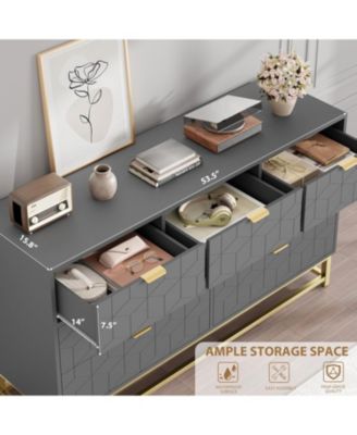 Modern 7 Drawer Wide Dresser Chest, Gold Metal Legs & Handles, Wood Storage Organizer for Bedroom Living Room