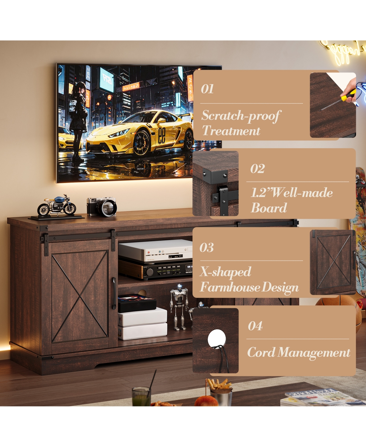 gaomon 59" Farmhouse Tv Stand for 65" TVs, Media Console with Sliding Barn Doors & Adjustable Shelves