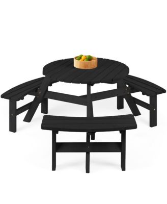 6-Person Circular Outdoor Wooden Picnic Table with 3 Built-In Benches, Umbrella Hole
