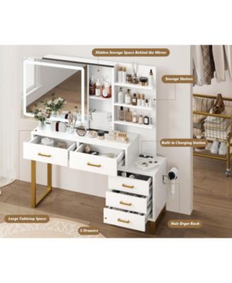 Vanity Desk with Mirror, LED Lights and Power Outlet, Makeup Vanity Table with 5 Drawers and 3 Storage Shelves