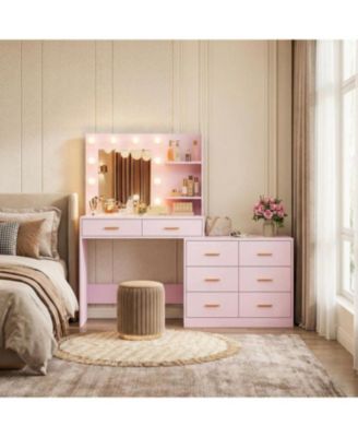 Large Vanity Desk with Mirror and Lights, Makeup Dressing Table Set with 8 Wide Storage Drawers, 2 Tier Shelves, Adjustable Lighting