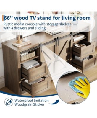 Modern TV Stand for TVs Up to 70", 66" Entertainment Center with 4 Drawers & Sliding Barn Door, Wooden Media Console Table for Living Room,