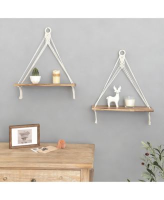 Boho Macrame Hanging Shelves Set of 2 – Rustic Wood Wall Decor for Minimalist Homes