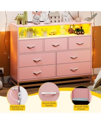 Dresser for Bedroom with 7 Drawers,Dresser Tv Stand with Charging Station and Led Lights, Modern Wooden Large Capacity Storage Dresser