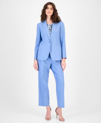 Women's Linen-Blend One-Button Blazer, Asymmetric Pleated Top & Ankle Pants