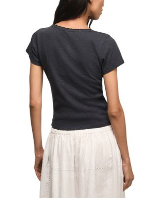 Women's Crochet Trim Short-Sleeve Henley Top