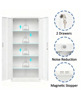 71" White Metal Cabinet with 5 Adjustable Shelves & Lockable Doors for Garage/Office/School