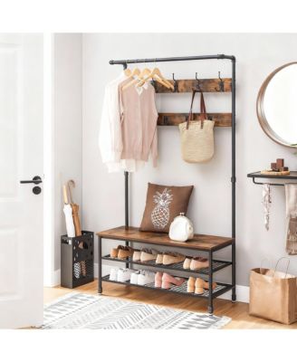 Rustic Industrial Hallway Storage Bench with Hooks and Shelves