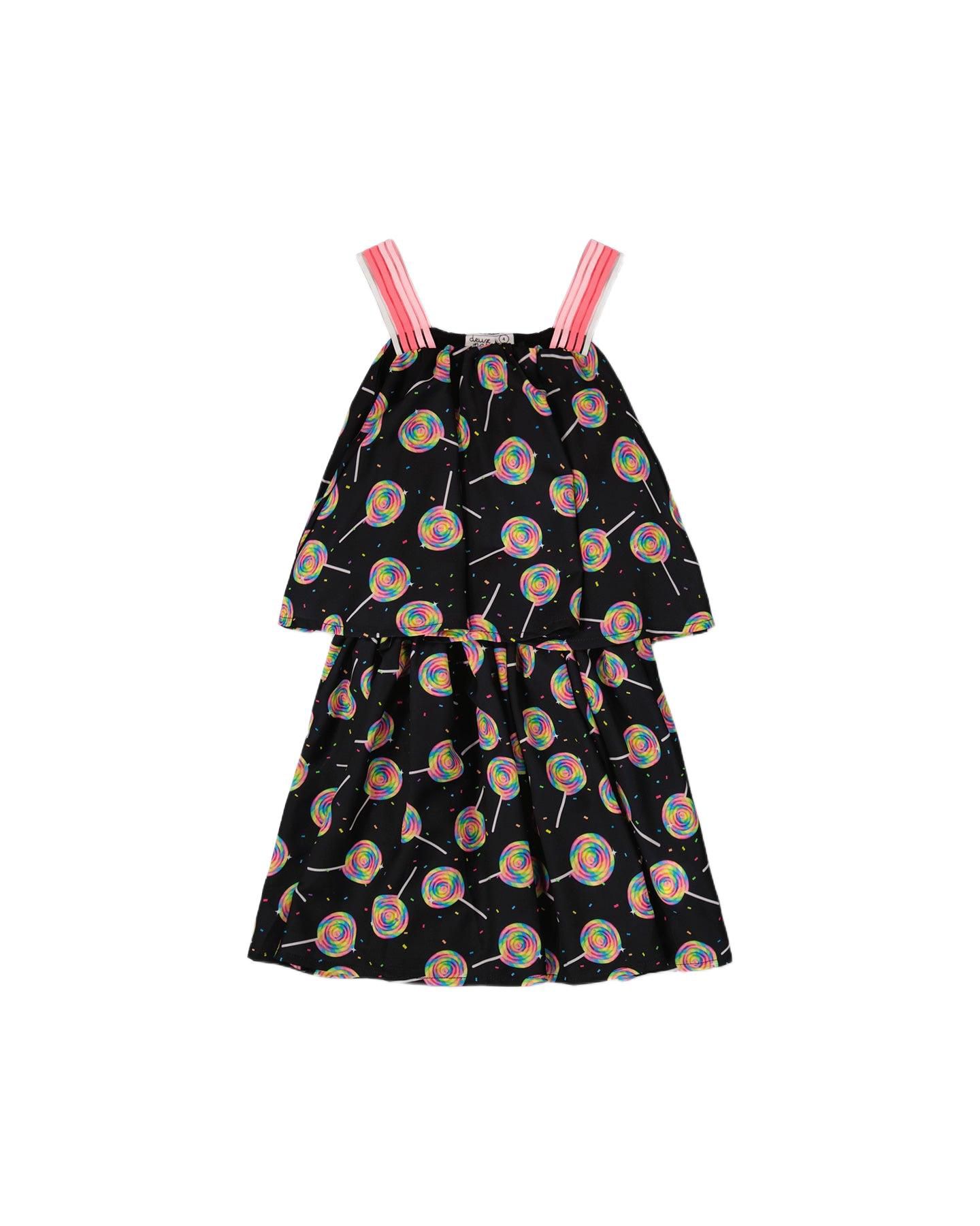 Платье Deux par Deux Woven Dress Lollipop Print для девочек, цвет: Чёрный с принтом — фото 1