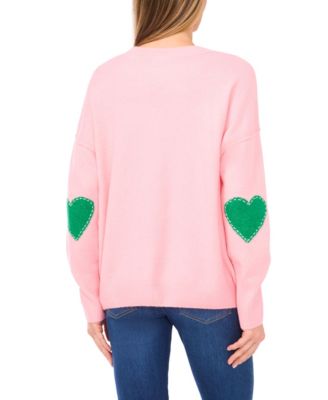 Women's Valentine's Crewneck Heart Elbow Patch Long-Sleeve Sweater