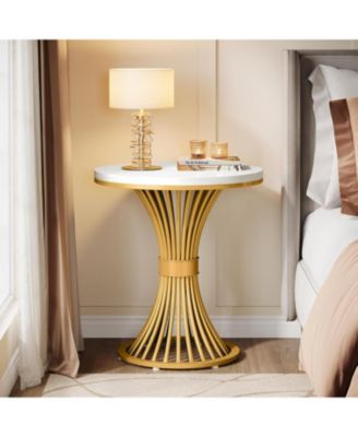 Round End Table, Modern Faux Marble Side Table with Gold Metal Base, Small Bedside Nightstand, Wooden Accent Table