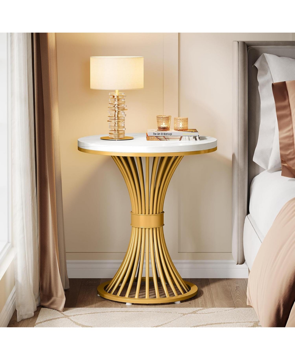 Tribesigns Round End Table, Modern Faux Marble Side Table with Gold Metal Base, Small Bedside Nightstand, Wooden Accent Table