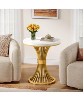 Round End Table, Modern Faux Marble Side Table with Gold Metal Base, Small Bedside Nightstand, Wooden Accent Table