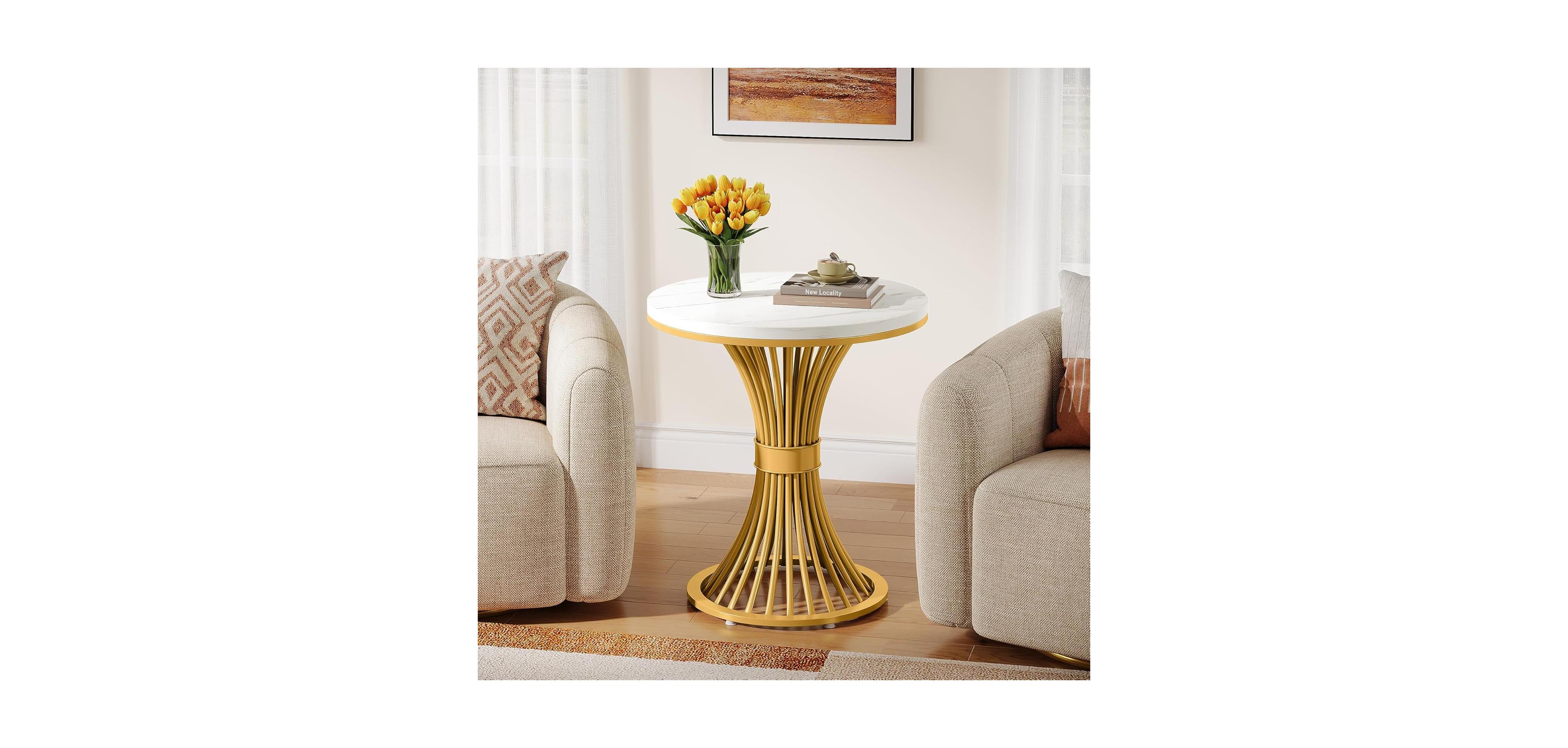 Tribesigns Round End Table, Modern Faux Marble Side Table with Gold Metal Base, Small Bedside Nightstand, Wooden Accent Table