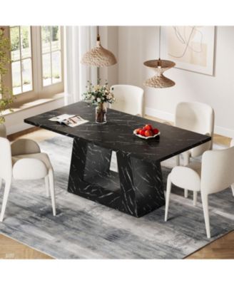 63" Dining Table for 4 to 6 People, Rectangular Dining Room Table, Modern Wooden Faux Marble Dinner Table with Sturdy Base
