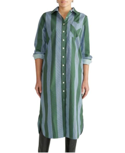 Женское платье Universal Standard Plus Size Odeon Stretch Poplin Shirtdress, цвет: Зелёный / Синий полосатый