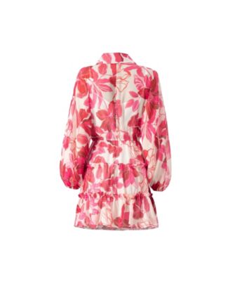 Women's Short Floral Print Shirt Dress with Long Sleeves