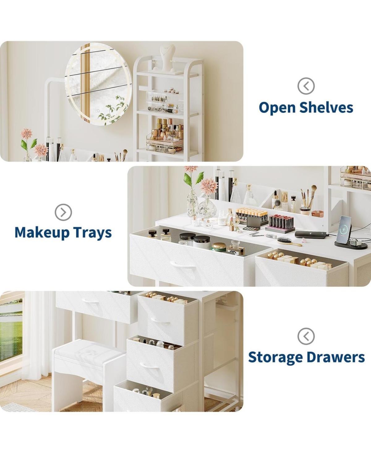 gaomon Modern Lighted Mirror Vanity, 4-Drawer Space-Saving Makeup Dressing Table for Bedroom