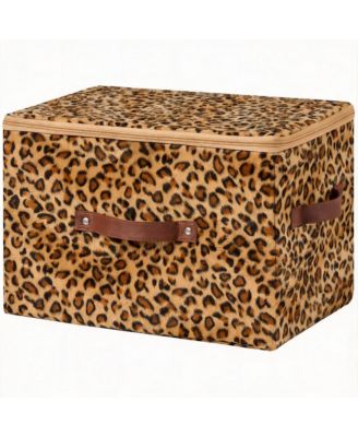 Leopard Print Storage Bin with Zipper Lid, PU Leather Handles, PP Plastic Board, Foldable, Washable,Large