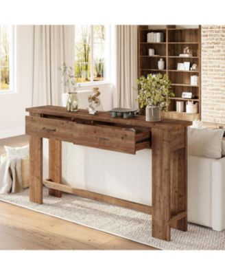 63" Solid Wood Console Table with 2 Drawers, 63-Inch Farmhouse Entryway Table, Narrow Sofa Table for Entryway, Hallway