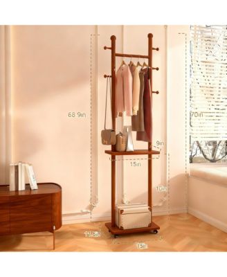 Solid Wood Walnut Coat Rack with Wheels & Shelves for Home
