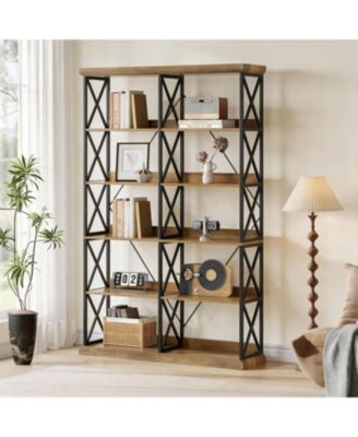 Industrial Bookshelf, 6-Tier Wide Bookcase, 75" Tall Standing Shelf Units with 12 Wooden Shelves, Large Open Metal Display Organizer