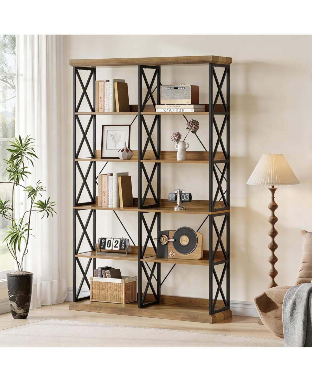 Tribesigns Industrial Bookshelf, 6-Tier Wide Bookcase, 75" Tall Standing Shelf Units with 12 Wooden Shelves, Large Open Metal Display Organizer