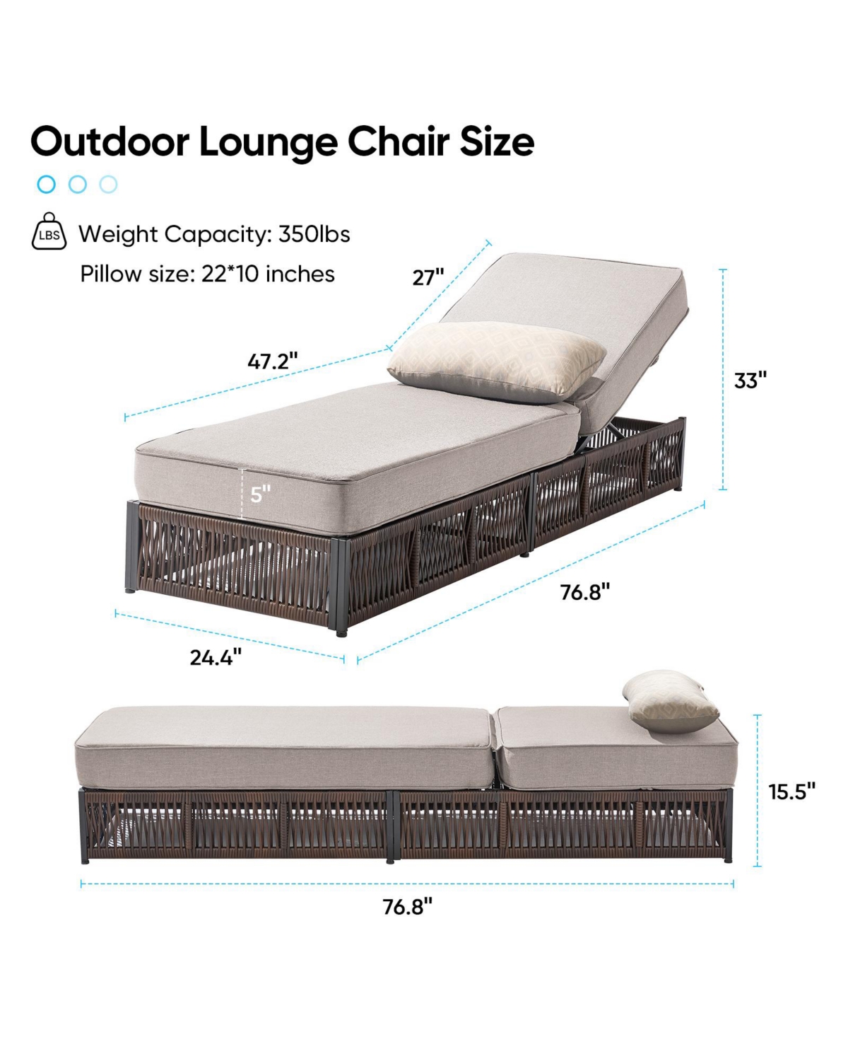 Gymojoy Brown 3-Piece Wicker Outdoor Chaise Lounge with 5 In. Thick Olefin Cushions Patio Chair for Balcony