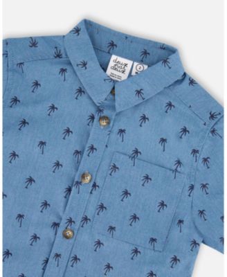 Big Boys Short Sleeve Chambray Shirt Blue Palm Print