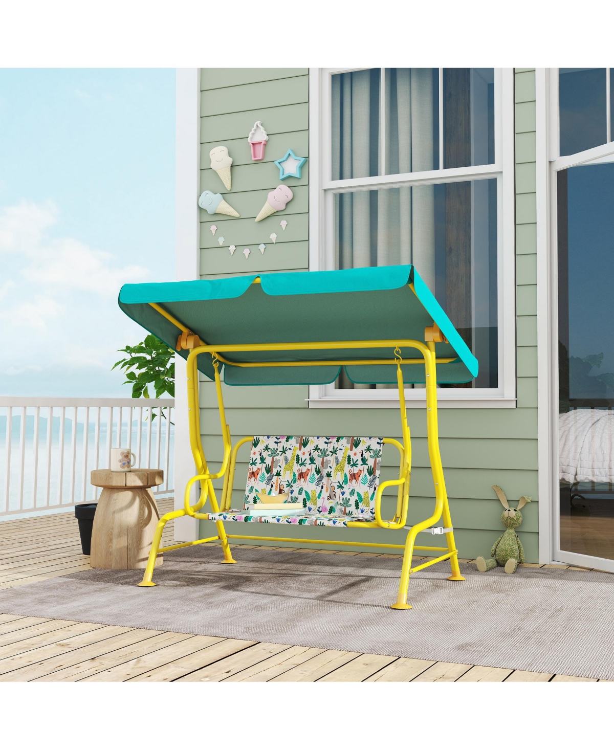 Qaba Kids 2-Seater Porch Swing with Seat Belts, Adjustable Canopy