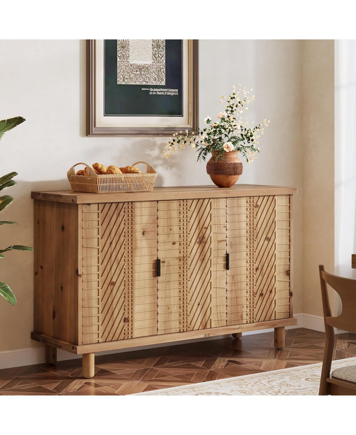 Tribesigns Solid Wood Buffet Cabinet with Storage, Farmhouse Sideboard Cabinet with 3 Doors and 2 Adjustable Shelves, Mid Century Modern Sideboard